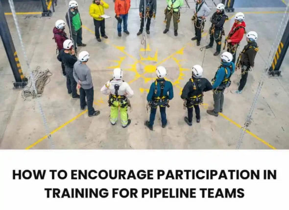 A collection of workers wearing hard hats and other PPE gathered in a circle for a meeting inside an industrial space.