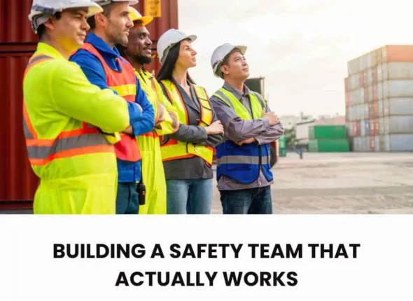 A multi-ethnic safety team standing together as a team looking up out of frame to the right.