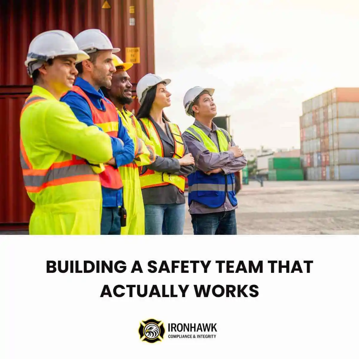 A multi-ethnic safety team standing together as a team looking up out of frame to the right.