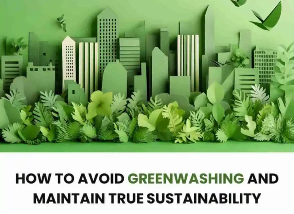 A cardboard-style depiction of a skyline with bushes and trees in front. There are also birds above. Everything is different shades of green as to depict greenwashing as a concept.